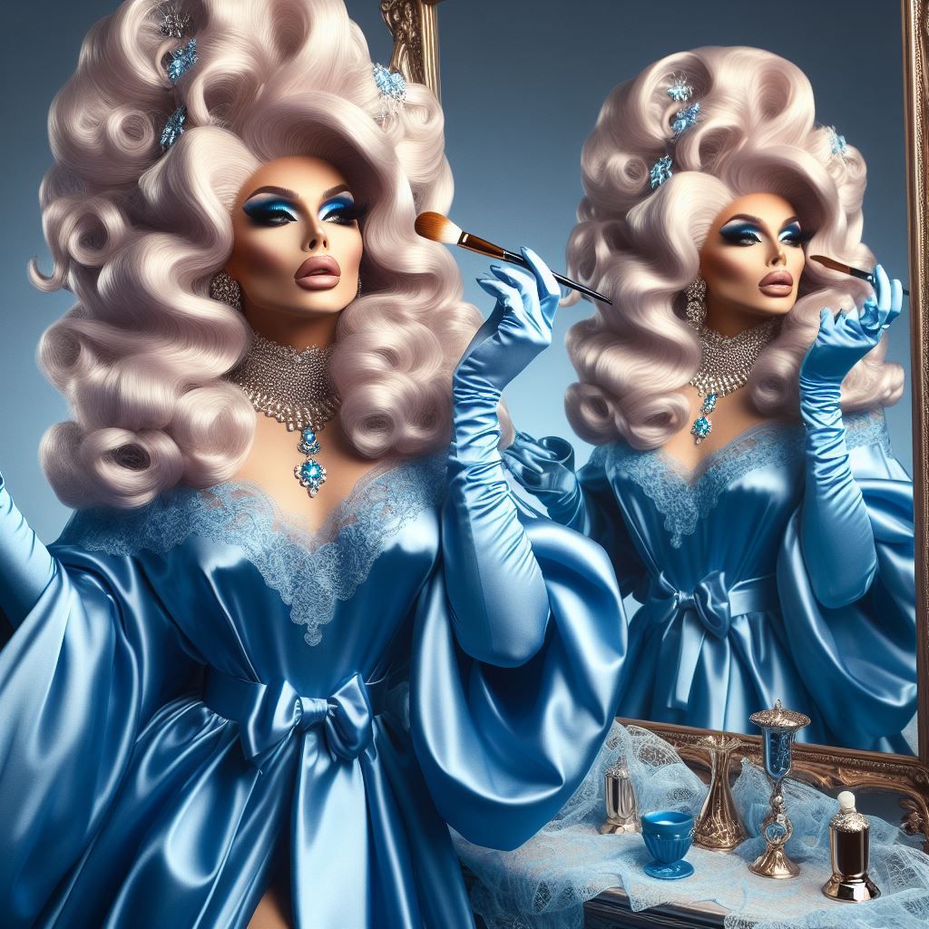 Satin Wonderland of Sissy Dresses and Wigs and Gloves and Makeup Mirrors. Poofy Extravagant Ultra Femme Drag Queen