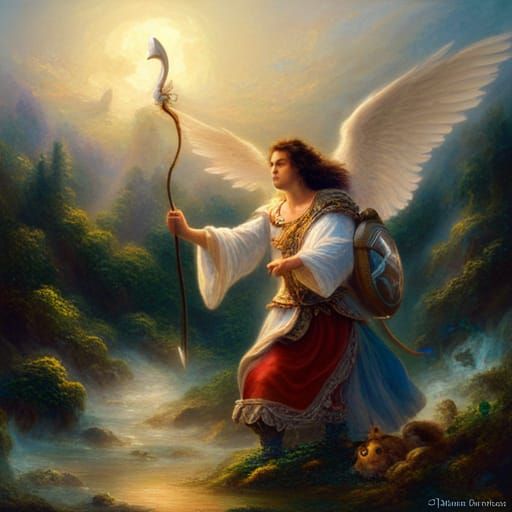 Angelic bard holding sword and shield