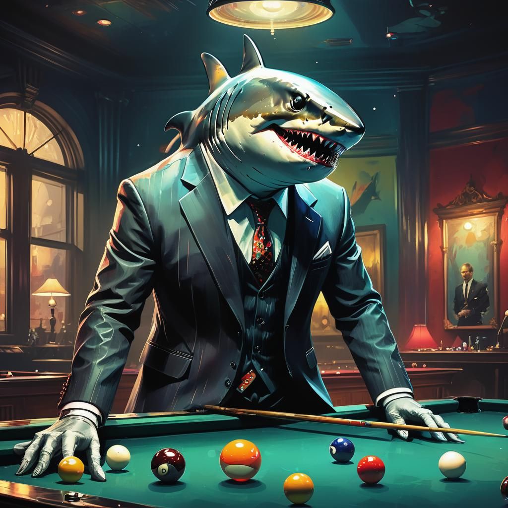 Shark in a suit playing pool