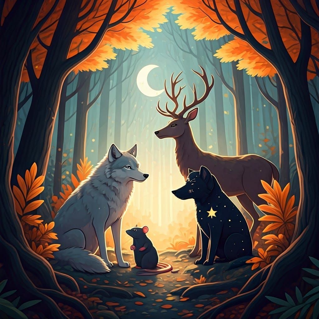 Autumnal Forest Animals in Manga Anime Style