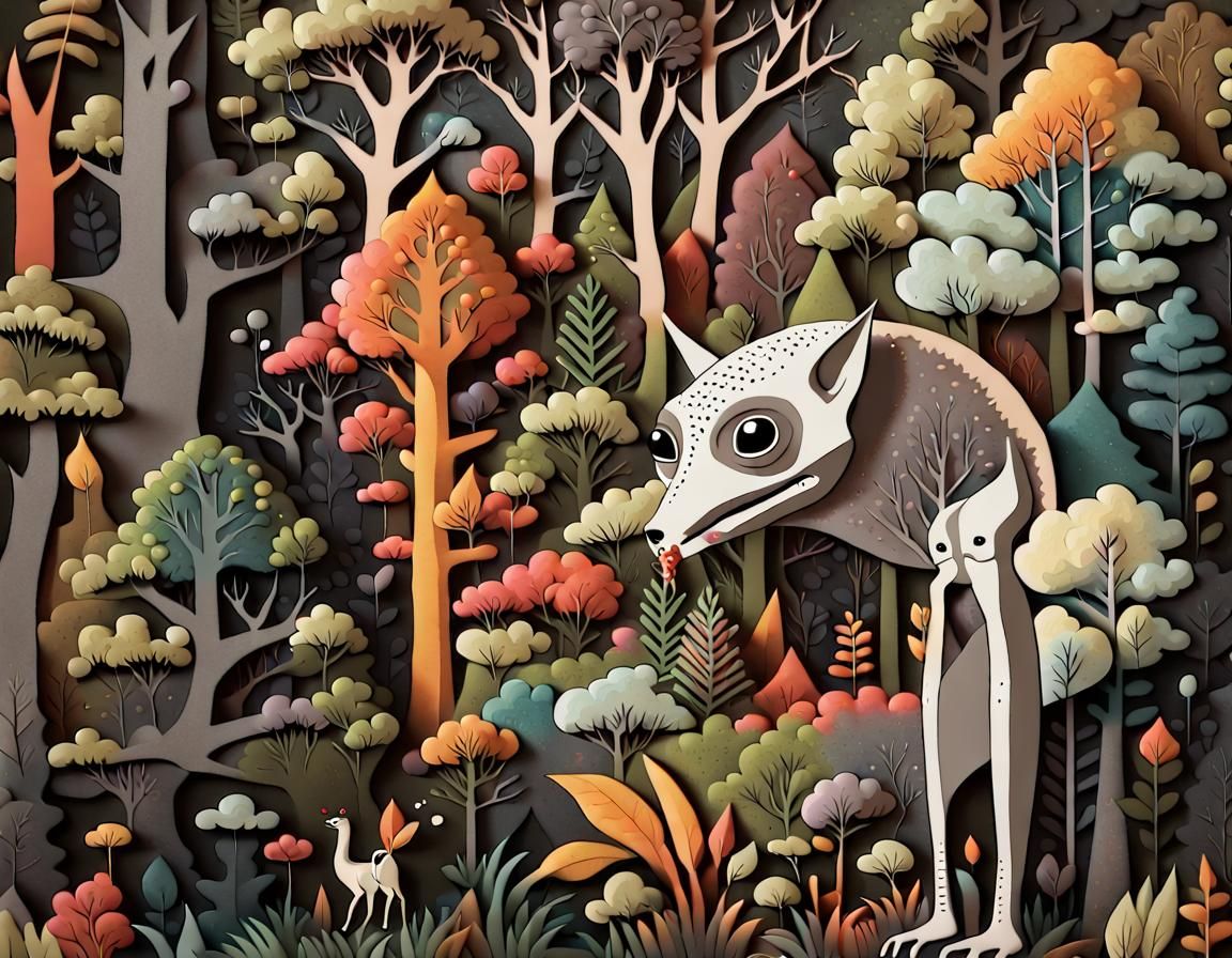 Whimsical and colorful forest scene with a grey alien smoking, scherenschnitte craft paper and paper cut, collage, woodl...