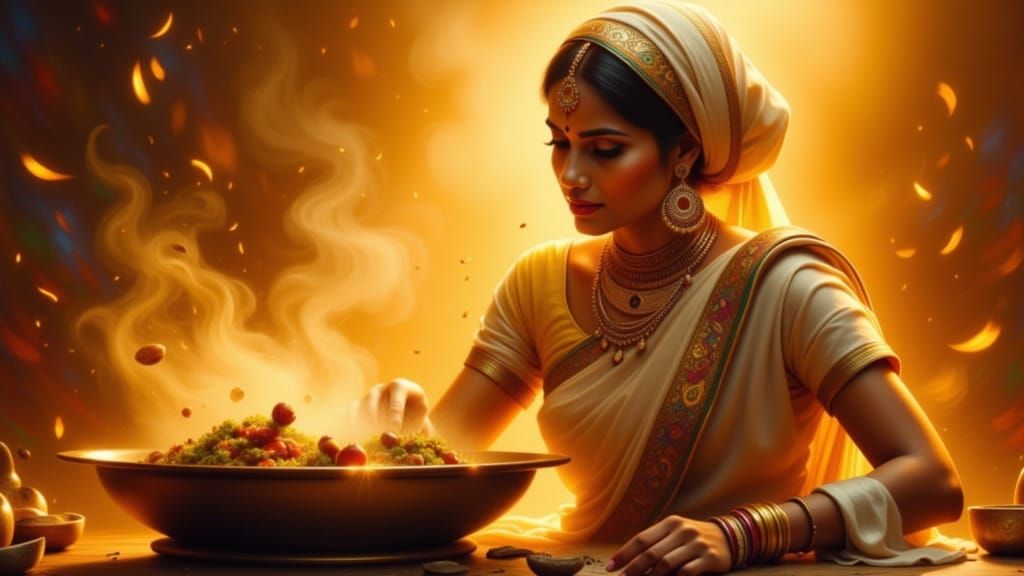 Ayurvedic Cook in Golden Hour Light, Romantic Realism Style