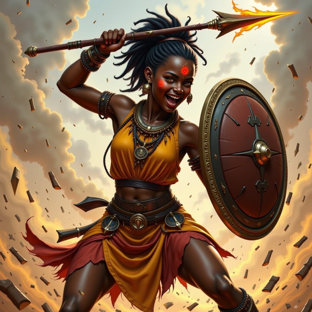 Nkiru, a beautiful 13 years old African leading warrior from the front, roars a battle cry as she blocks a flaming spear with a shield. Her ...