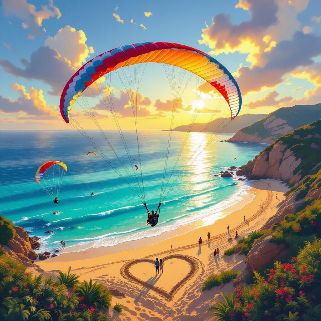 Paragliders Soaring Above Turquoise Sea in Hyperrealism
