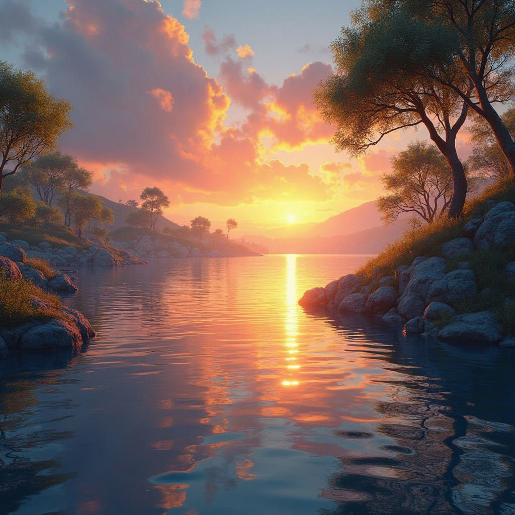 Kinneret Sunset in Watercolor Style