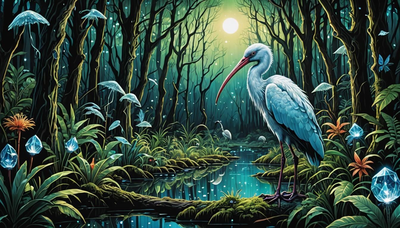 ibis, spirit animal, crystals, forest scene, hyper-detailed,...