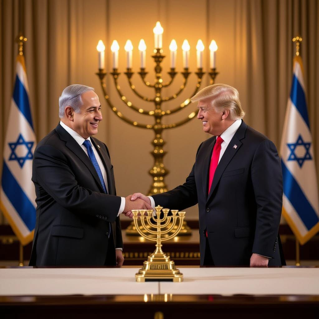 Netanyahu and Trump Shake Hands Before Menorah
