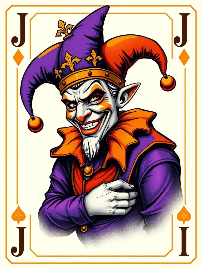 a Jester with the color scheme of purple and orange, with a jester outfit and crown on, regal yet Jolly ...  by @  debster