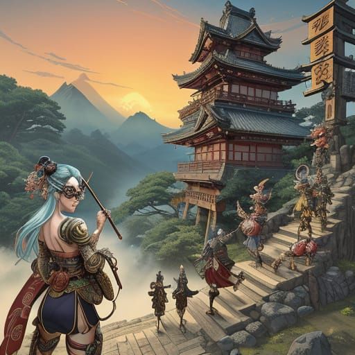 A ukiyo-e style lords of rings.. elfs, wizards, dwarfs, goblin.. steampunk & cyberpunk. 