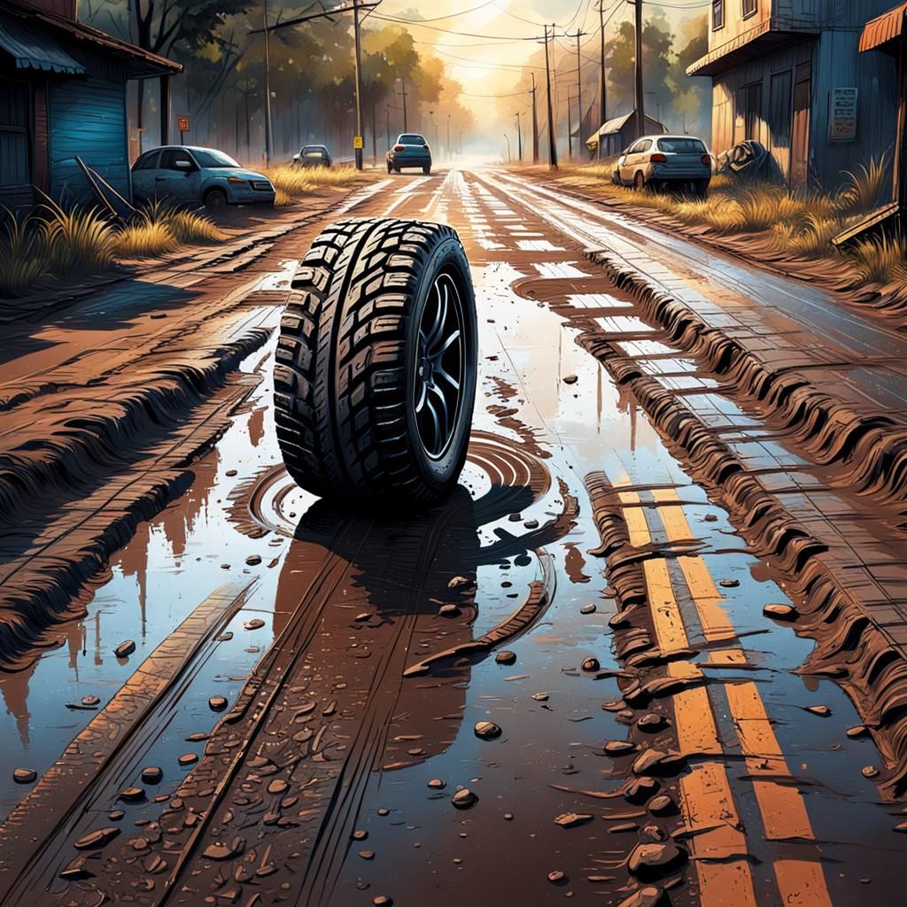 Hyperrealistic Muddy Road with Tire Marks Splash Art