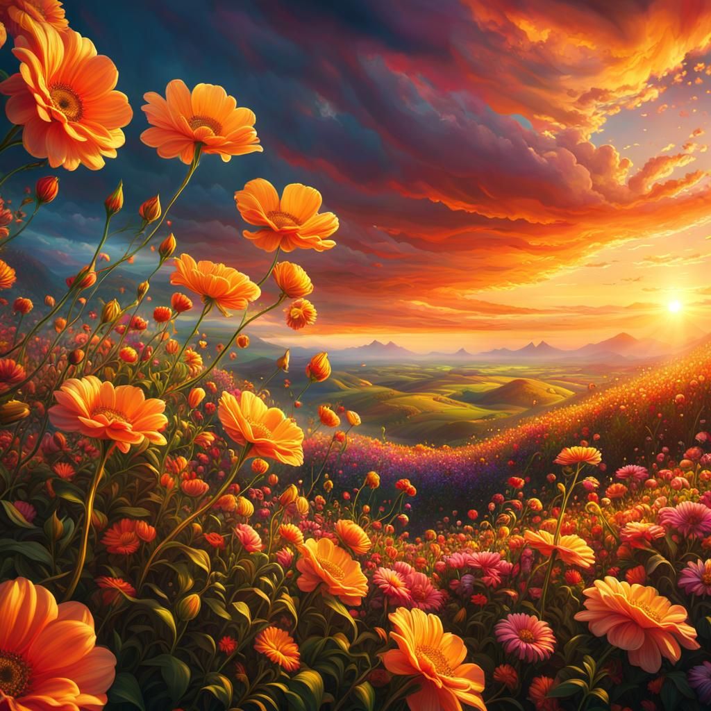 Tons of glorious flowers blooming in the sunset.  by @Uquire