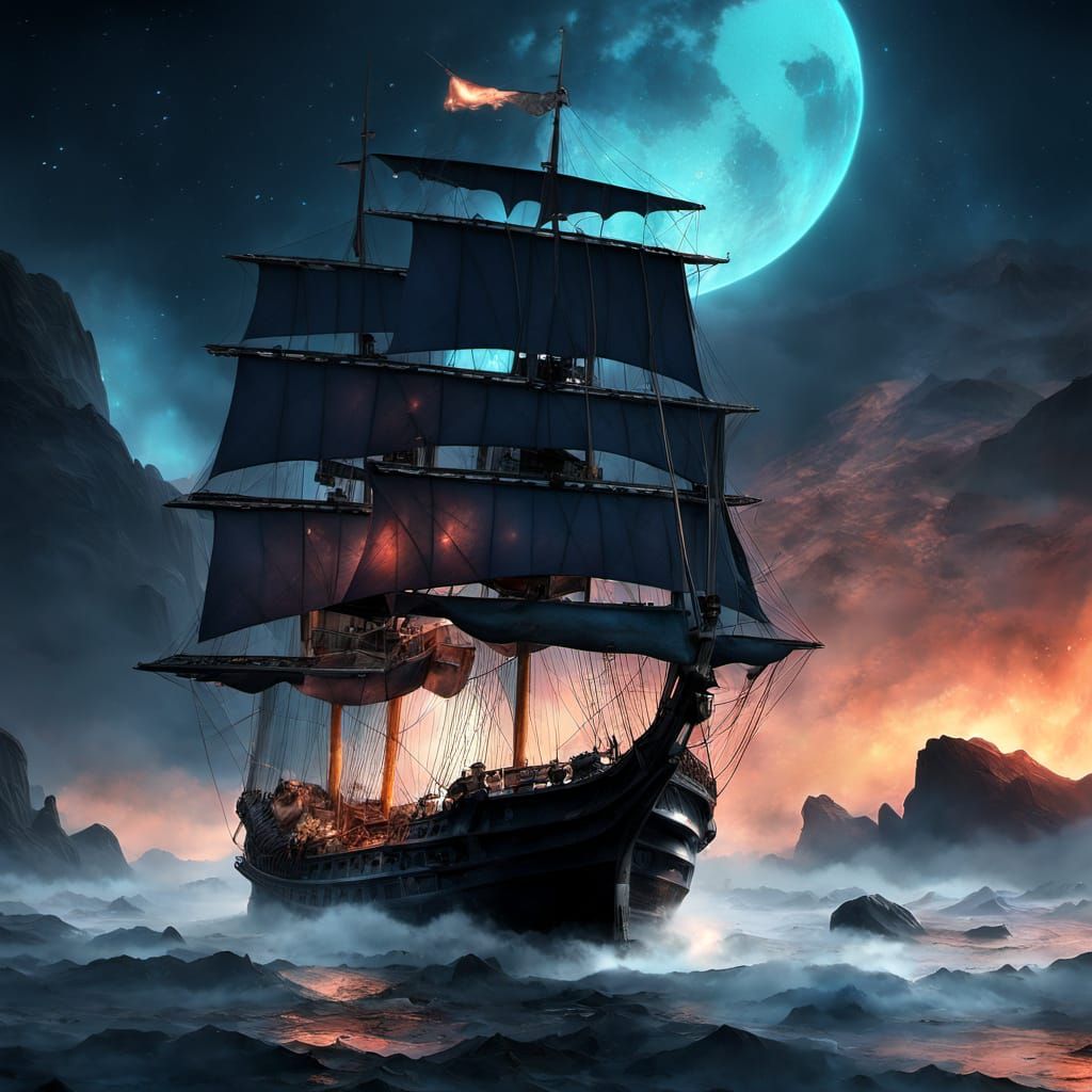 A spectral pirate ship sails through a sea of stars, its sails shimmering with starlight. 1