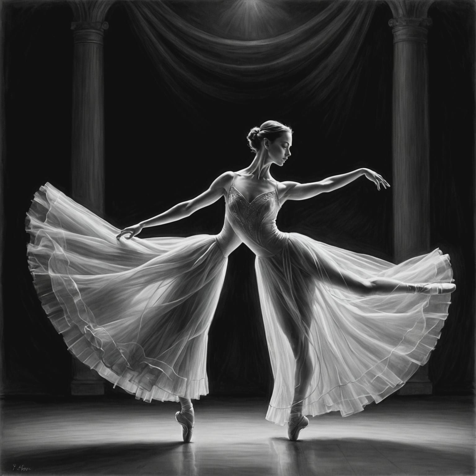 A graceful ballerina dances across a dimly lit stage, her movements fluid and elegant. And has 2 bodies! ...  by @JimAZ