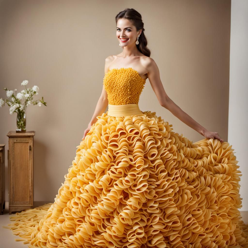 A beautiful woman wearing a dress made from pasta  by @Oma