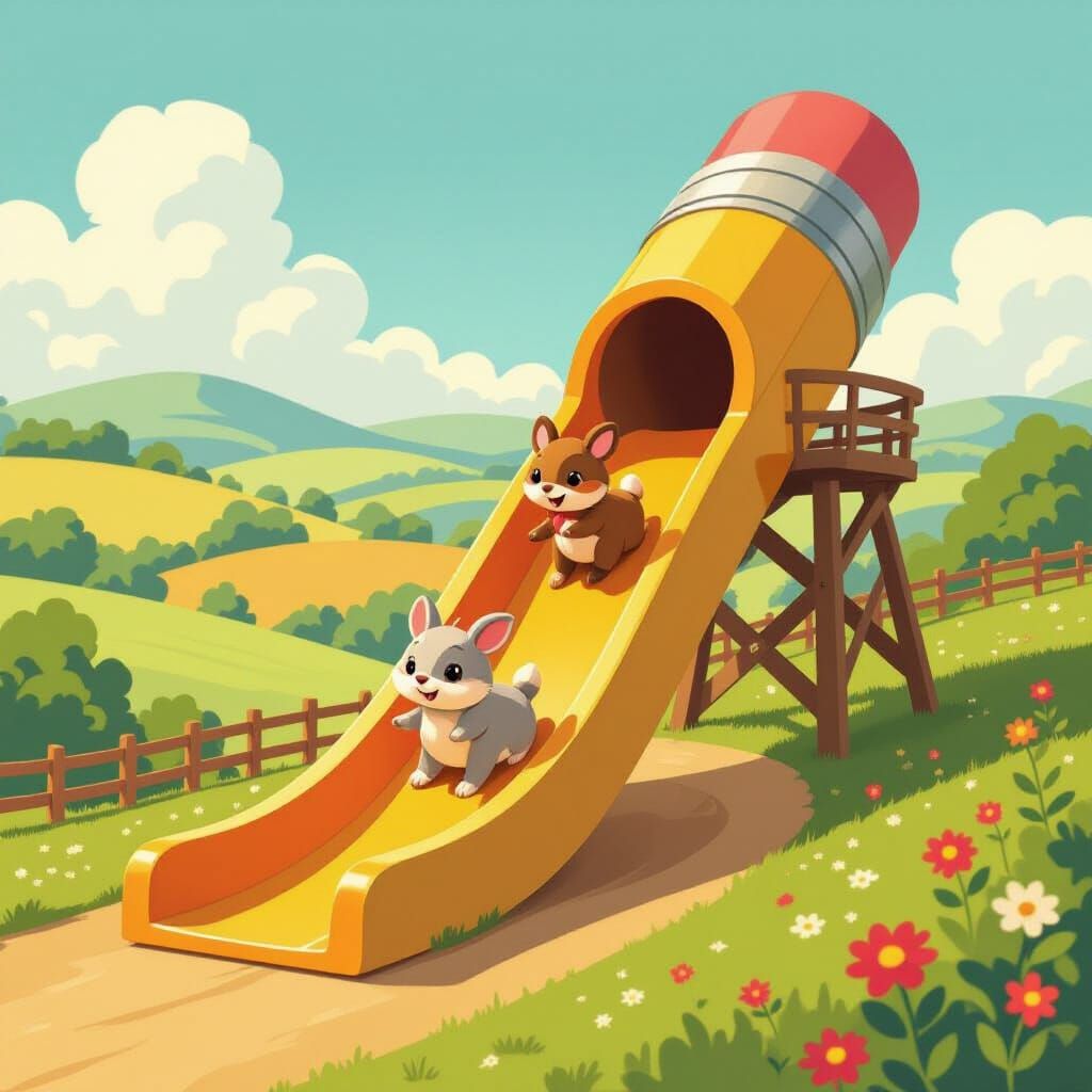 Whimsical Pencil Slide with Animals in Storybook Style