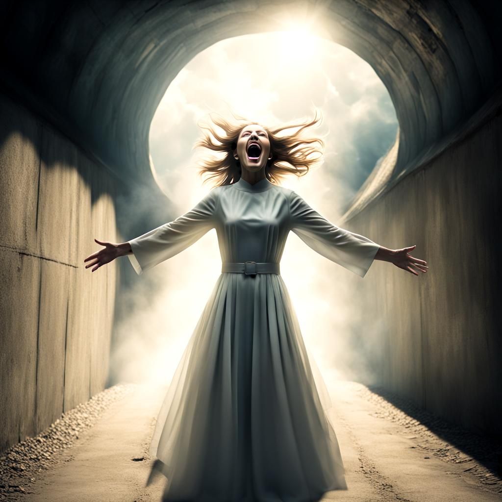 A android woman screaming with her arms outstretched toward ...