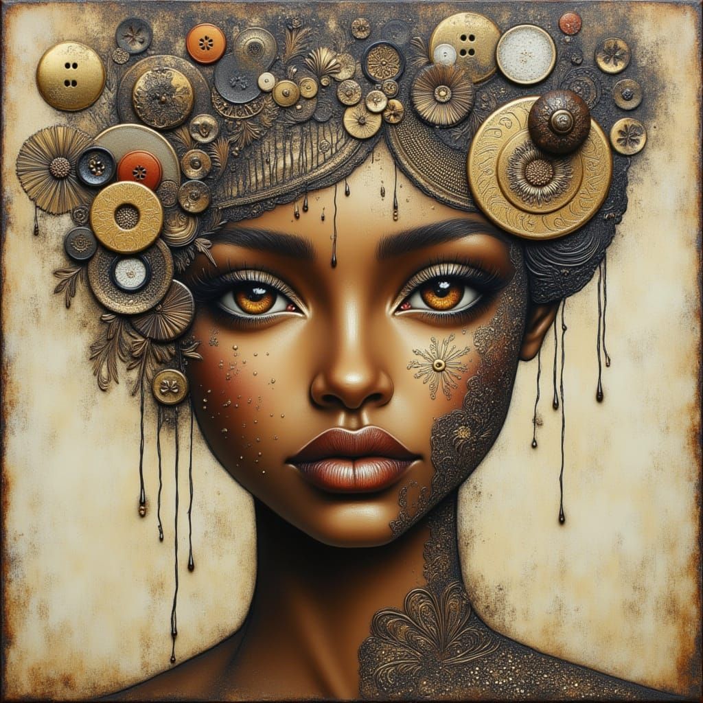 <lora:Mixed Media:1.0> Mixed media portrait, gesso, buttons, flowers, oxidation, stamped background