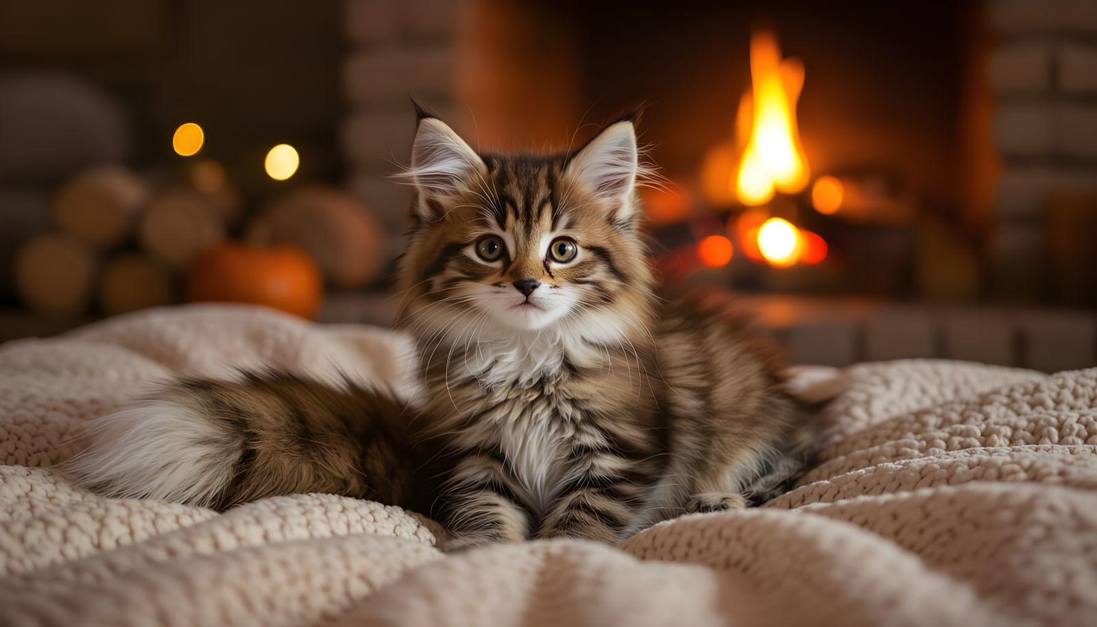cute kitten with a big fluffy fox tail on a bed in front of a fireplace during an autumn night
