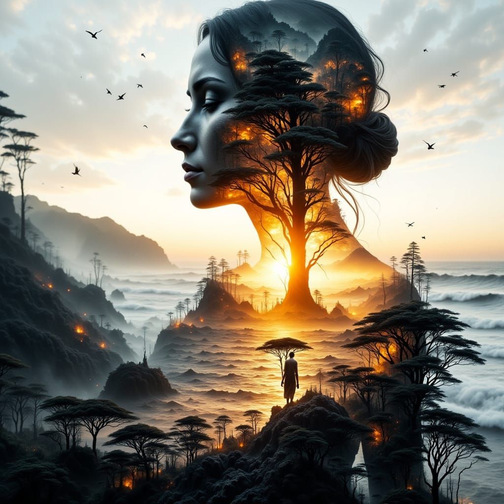  double exposure that combines an goddess silhouette with sunset coast.  by @nexus97