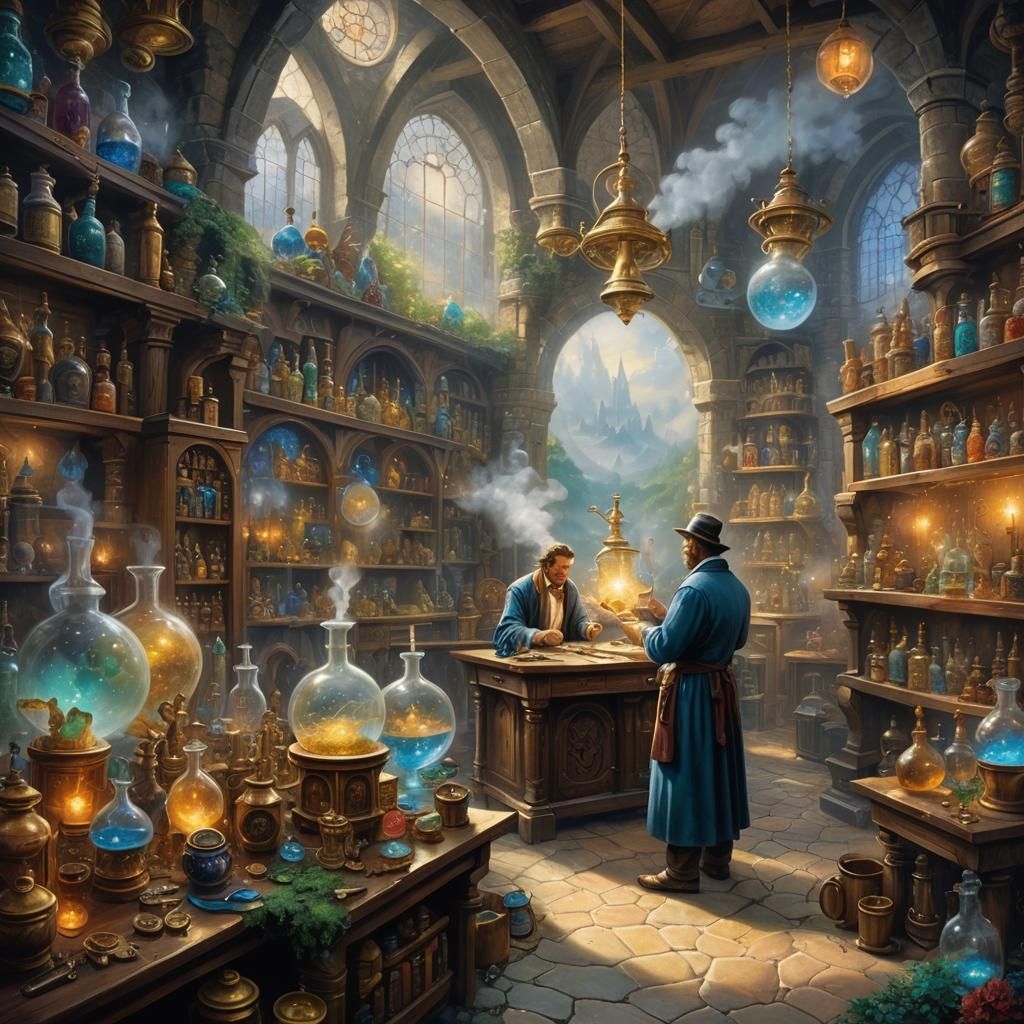 Hyperdetailed masterpiece alchemy alchemist searching for gold in a laboratory ethereal fantasy hyperdetailed ...  by @PeteArtwork