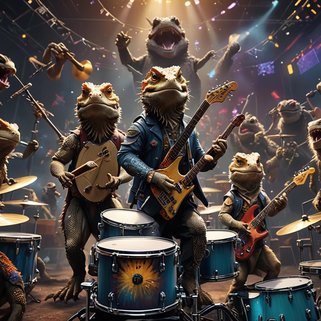 Bearded dragons on a rock concert