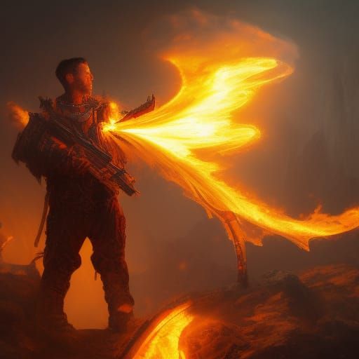 A person on fire with a gun