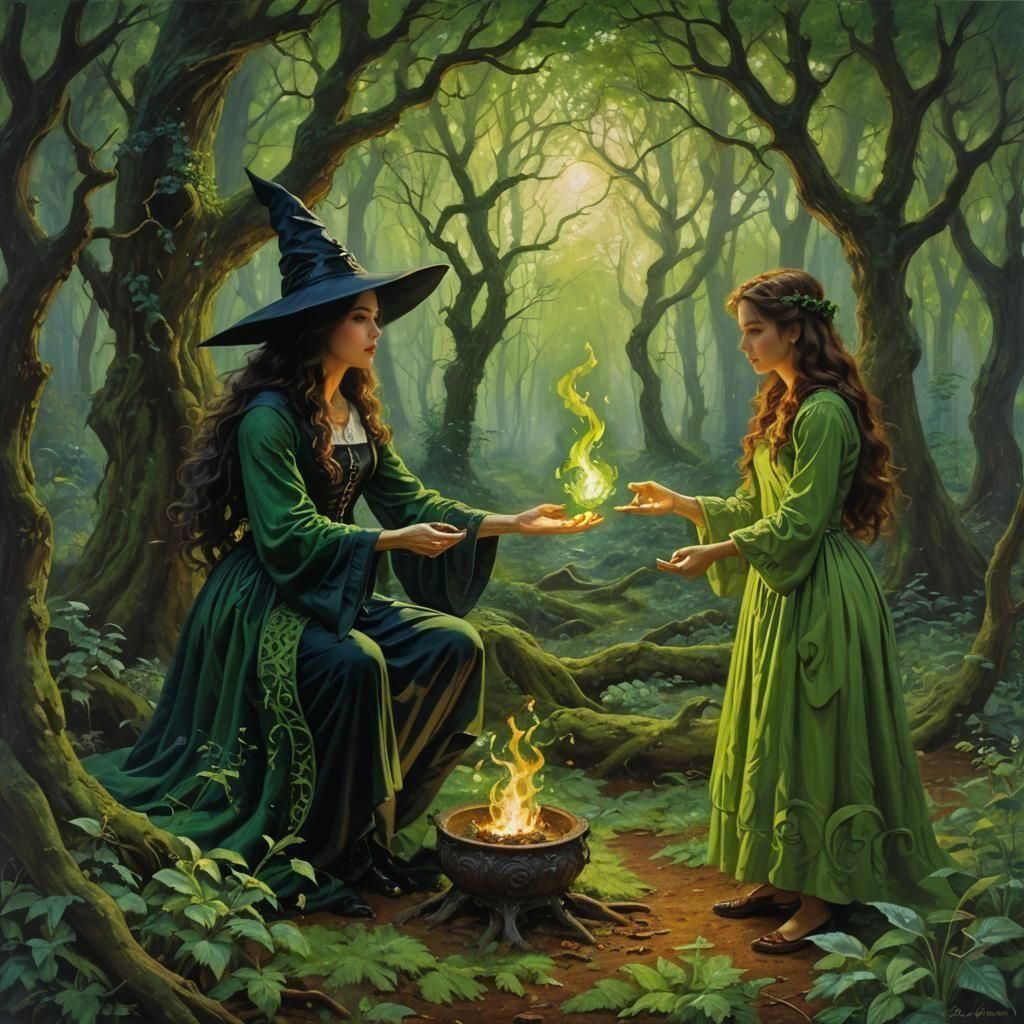 a witch teaching magic to a young girl.  by @lion 