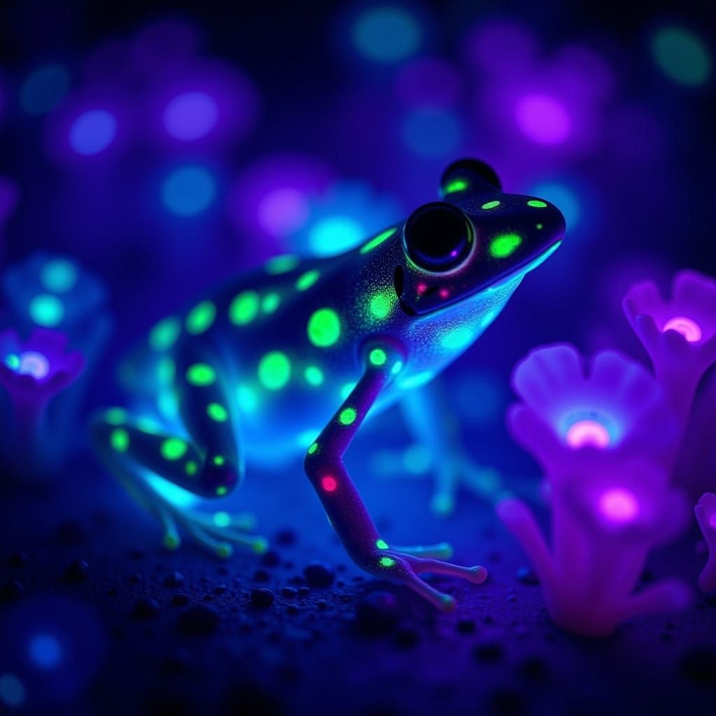 Epic Bioluminescent poison dart frog. A mesmerizing display of bioluminescence, rendered in hyperphotorealistic detail, where the soft glow...