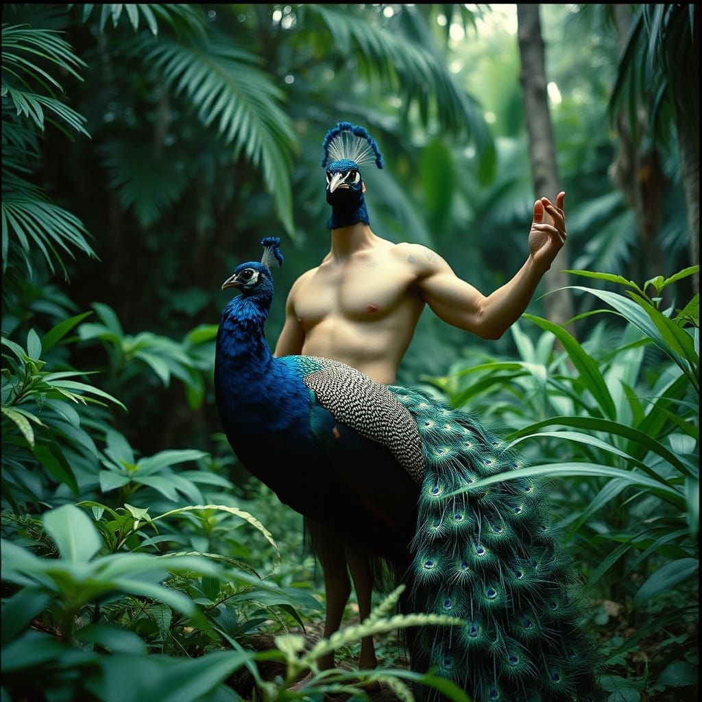 Beefcake humanpeacock  Strutting his stuff in all his glory, in a lush jungle. Cinematic film still, ...  by @Chuck