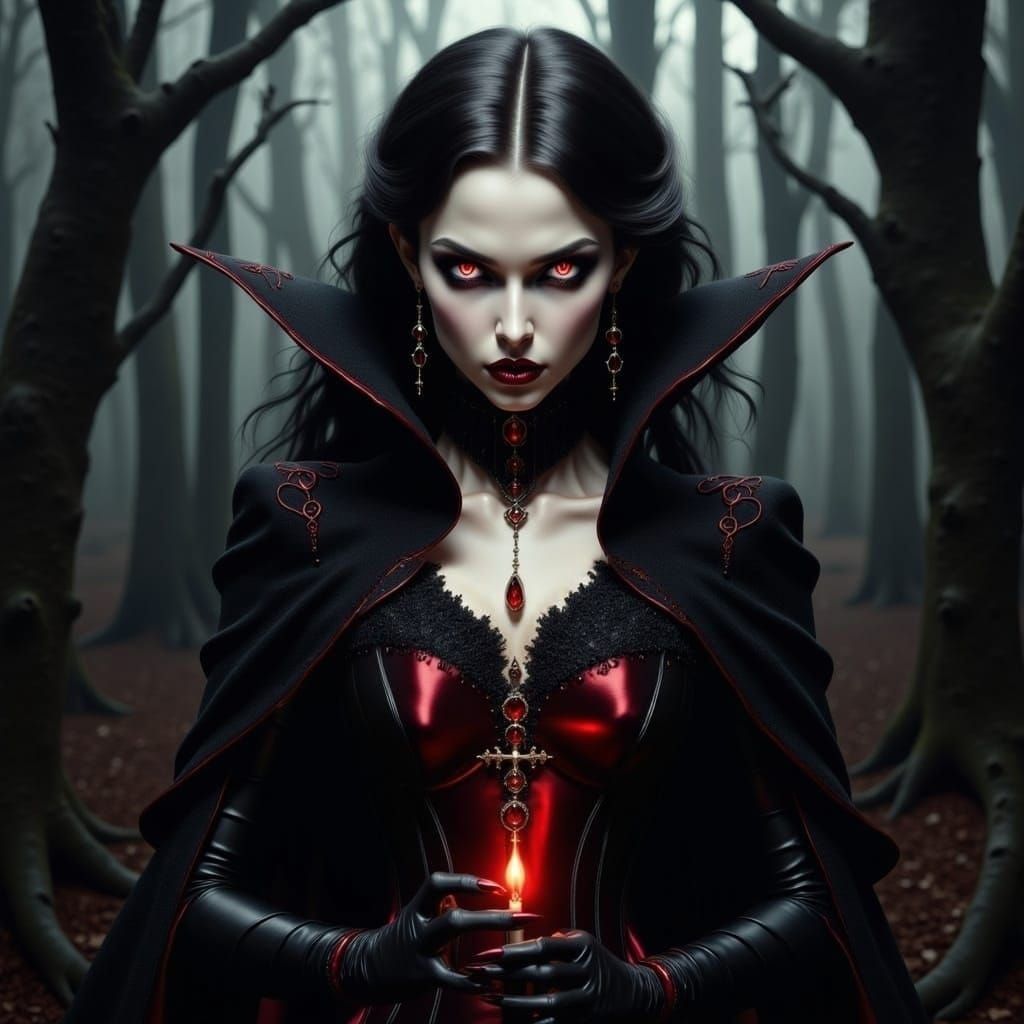 <lora:Flux Vampiress:1.0> Beautiful female vampire warrior, glowing expressive eyes, wearing black cape