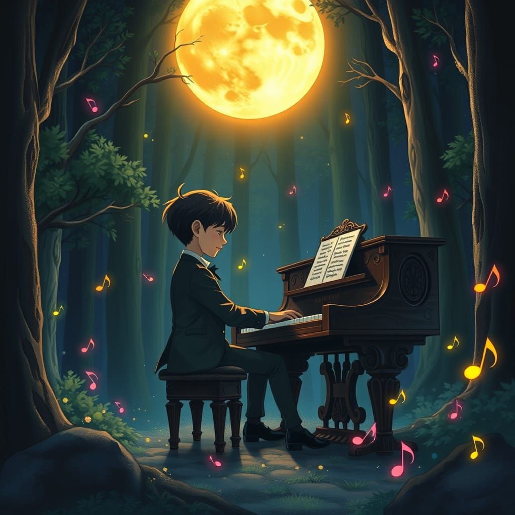 Moonlit Musician in Whimsical Forest