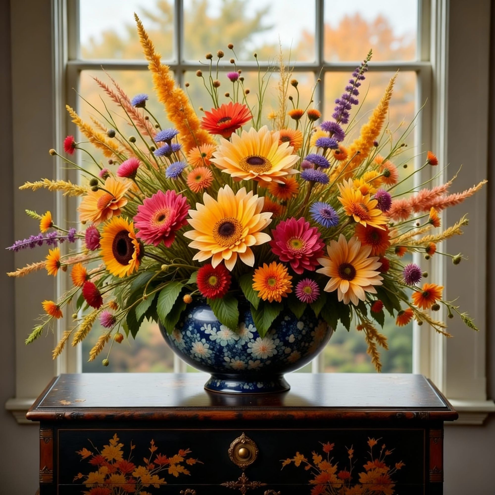 A fall flower arrangement with wildflowers