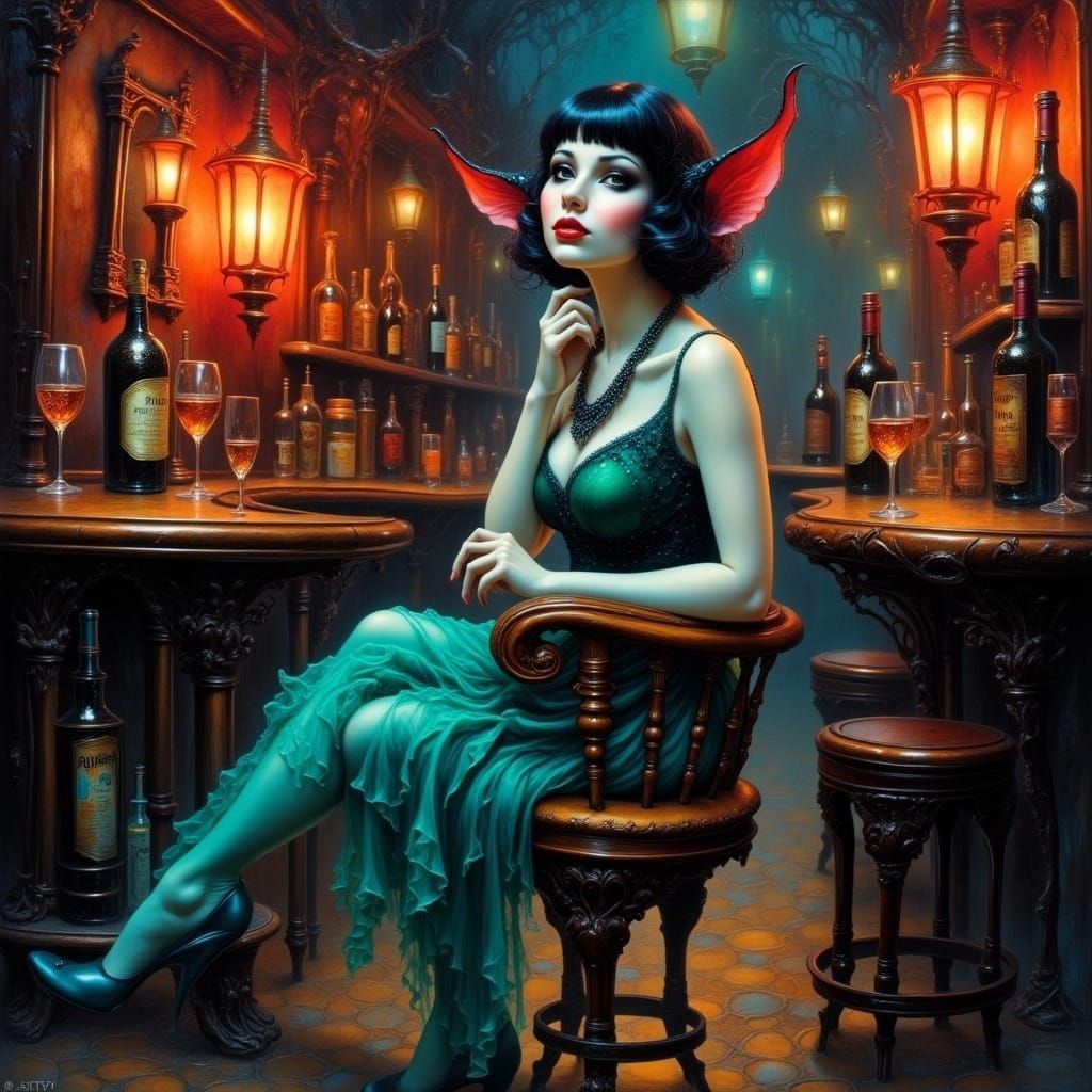 1920s fat flapper Goblin woman in a speakeasy <lora:Creepy Cool Flux:1.0> Alcohol ink, Oil paint, deep saturation, high contrast, fantasy, m...
