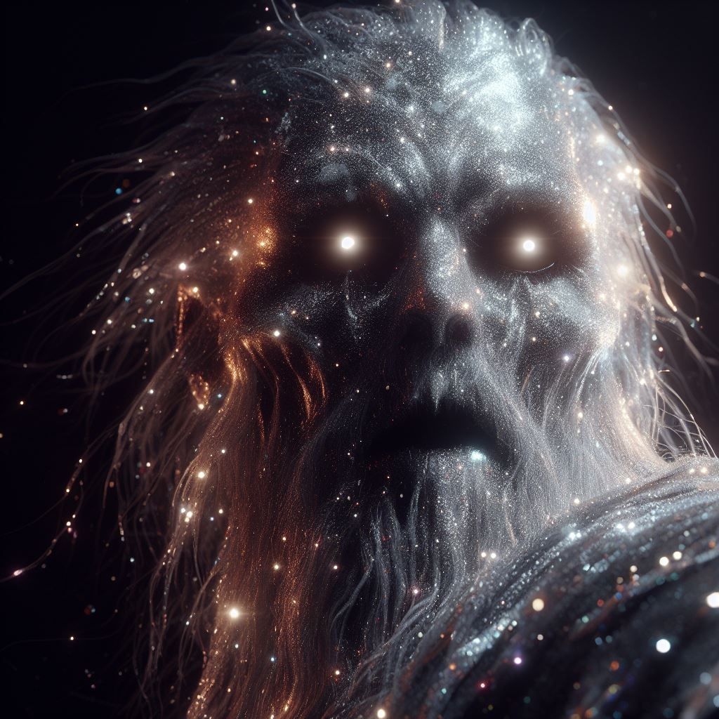 ghost spirit looking at the viewer, chiaroscuro, glitter