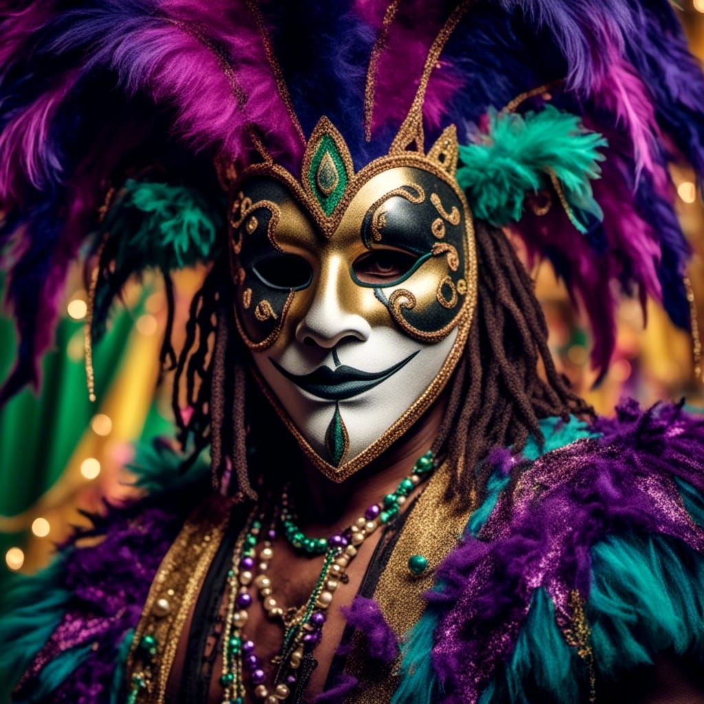  <lora:Adorable Reactions 2:1.0> a closeup portrait of a Mardi Gras performer wearing a decorated mask