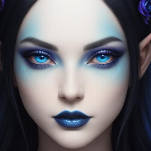 Ethereal gothic elf with blue hair and blue eyes with blue e...