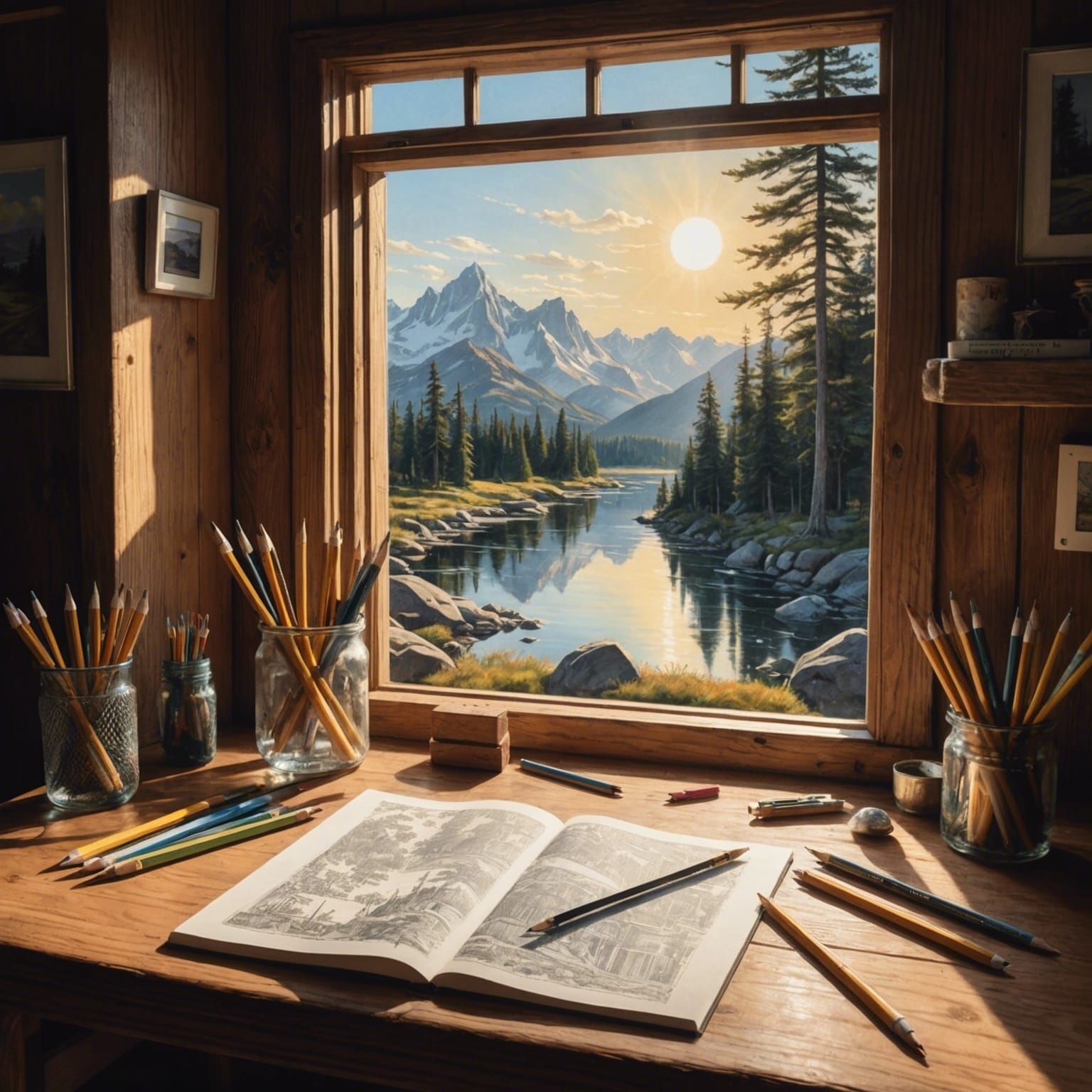 Pencil and sketchpad on a wooden table illustrate an inspiration, a masterpiece landscape in progress.  by @Phantazia