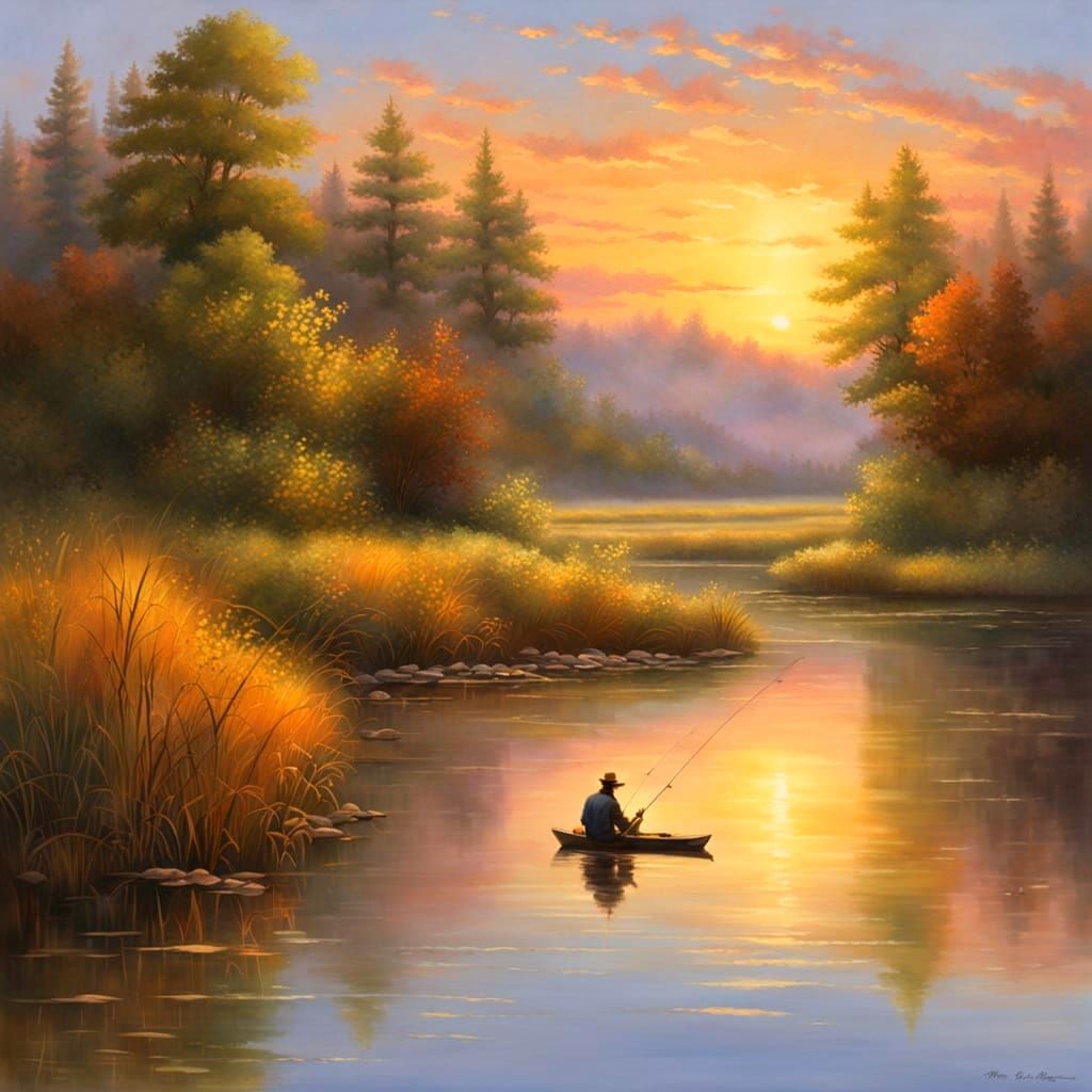 Fisherman at Sunset in Luminist Style