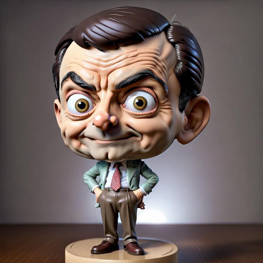 Exaggerated Bobblehead of mr bean with his signature smirk, 3D shading