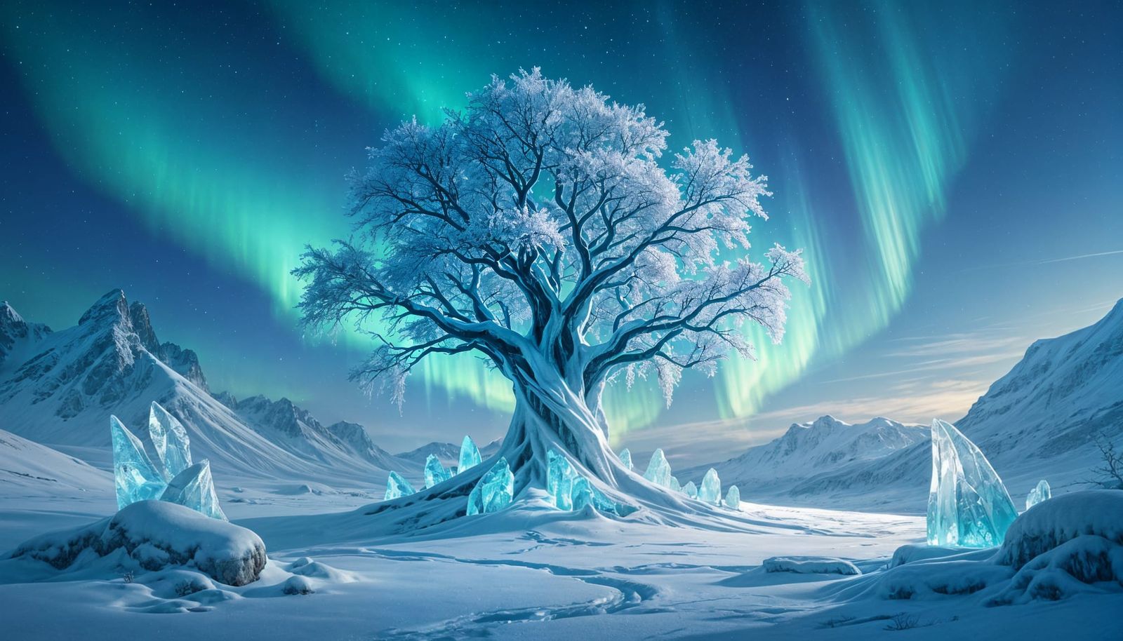 A majestic, crystal-laden tree growing from the heart of a frozen tundra, its branches reaching towards ...  by @Virtue_Knight777