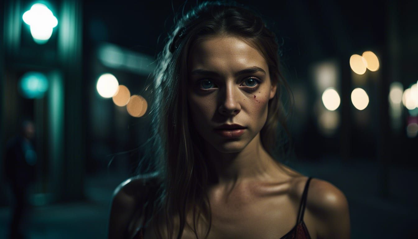 RAW photo, gorgeous woman in dark street, dress, bad flash, ...