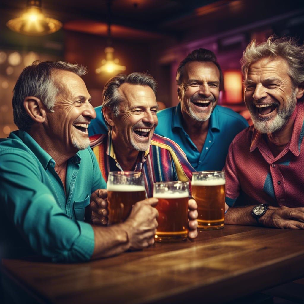 a group of middle aged men colorful shirts sitting around a table bar drinking beer laughing smiling ...  by @Valmond Teng