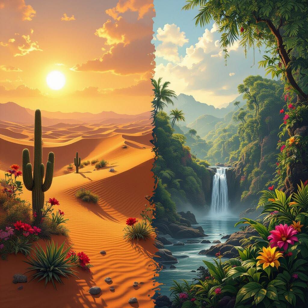 Desert Meets Jungle: A Hyperrealistic Split Landscape
