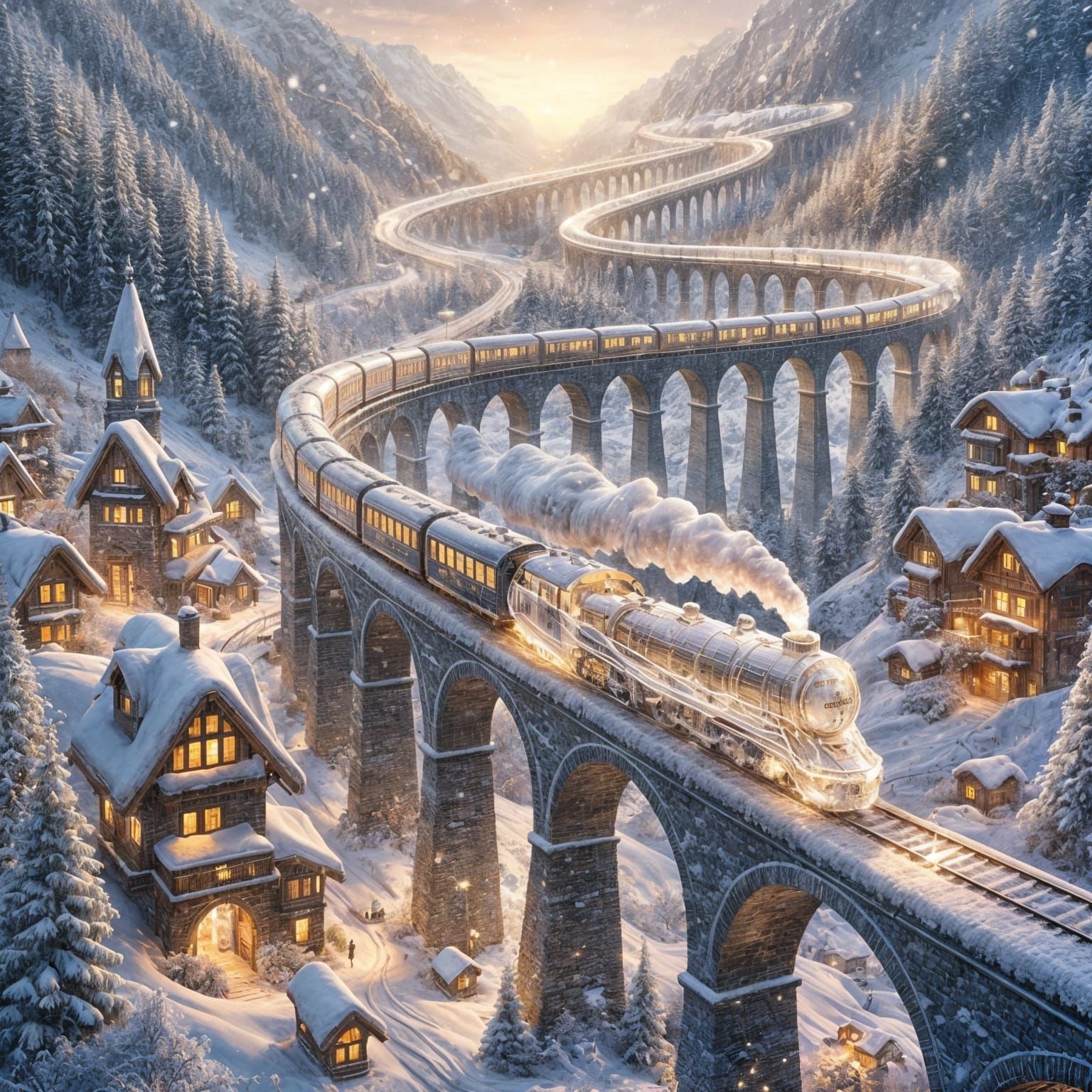 Crystal Train in Snowy Mountain Village