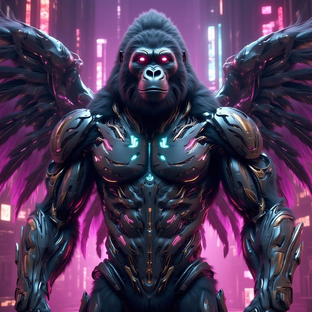 <lora:Beast Wars:1.0> Humanoid gorilla, lithe build, sharp teeth, wearing cybernetic armor, large feathered wings with metallic purple and b...