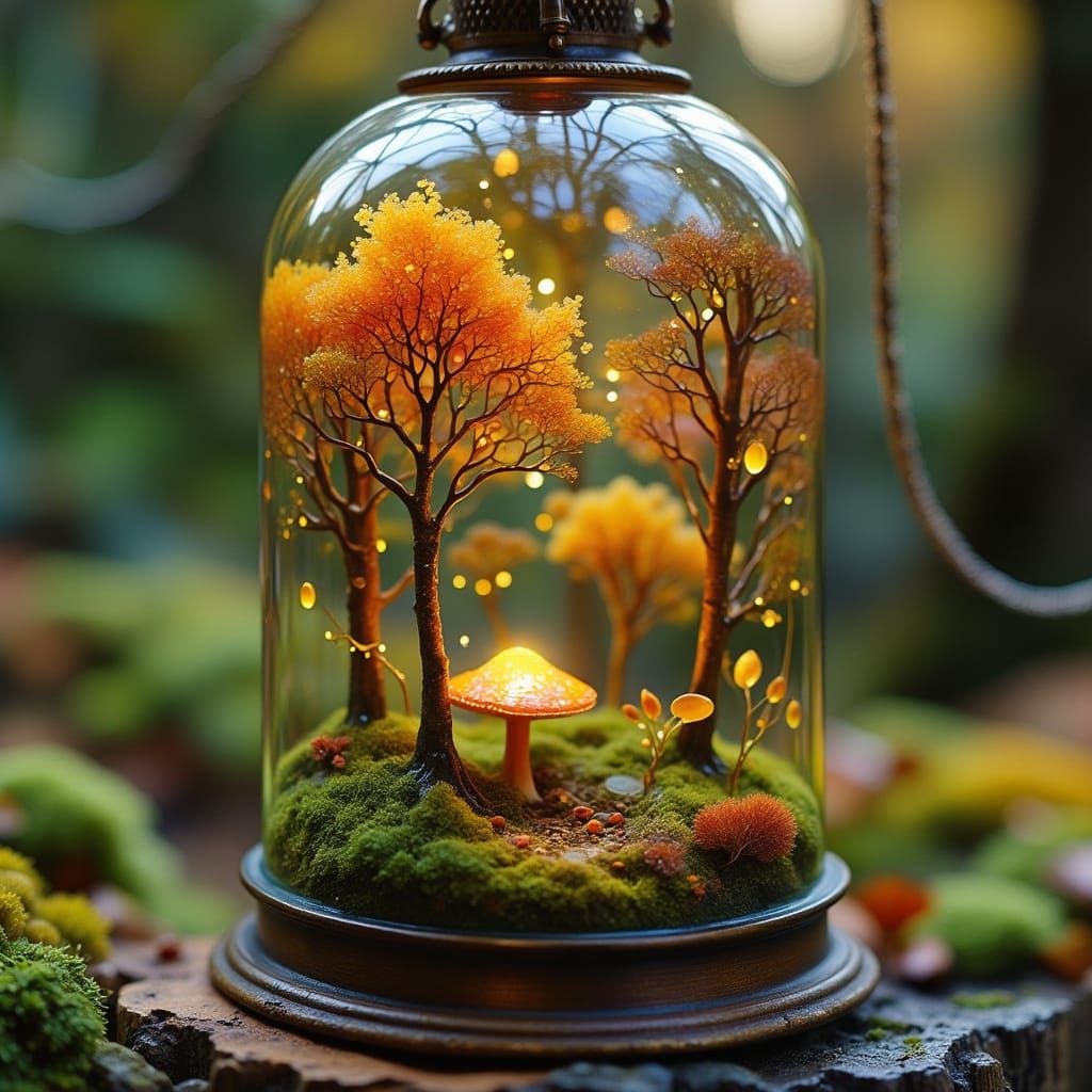 A serene, miniature forest scene contained within an antique glass lantern. Tiny, golden birch trees with falling leaves surround a small, m...
