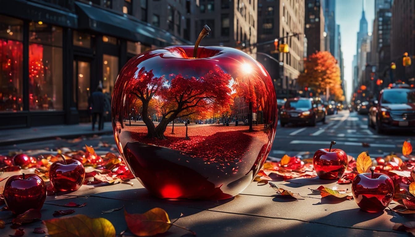 red glass apple with a busy fall day in new york city inside.  by @IoanM