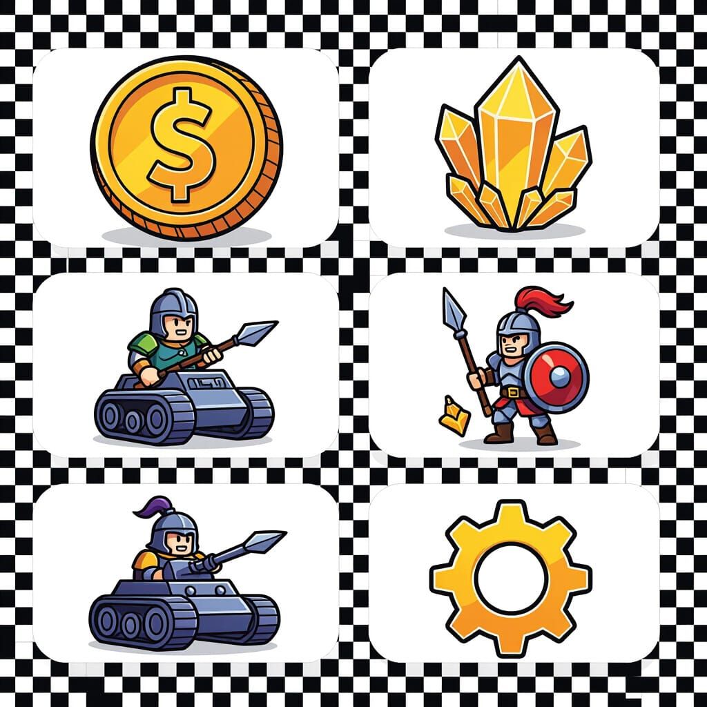Create a set of game UI icons for a strategy game in Roblox style. 

Requirements:

1. Style: colorful, cartoonish, high contrast, clean, su...