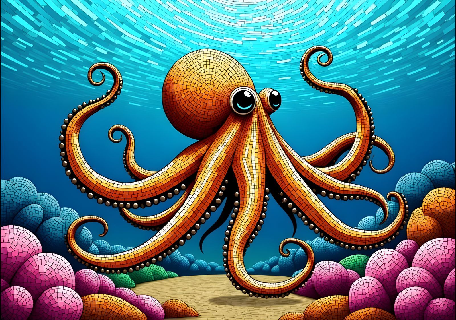  <lora:Digital-Art Mosaic:1.0> , happy wholesome octopus, underwater