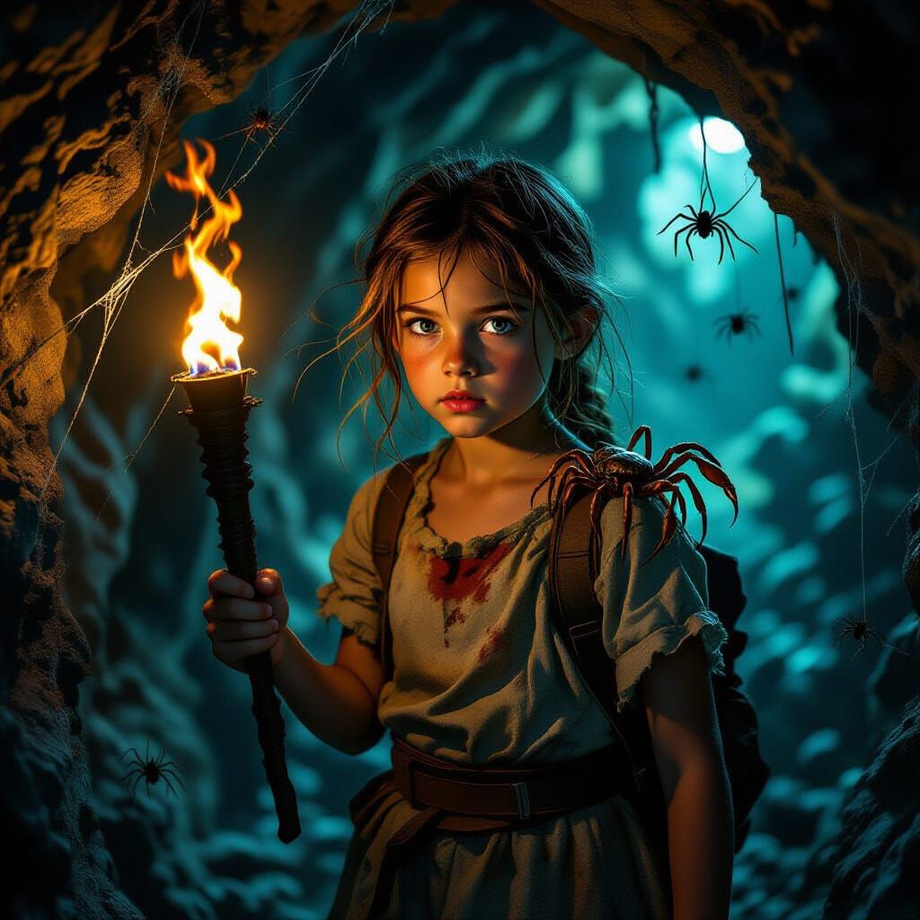 in a dark cave covered with cobwebs a girl is making her way with a torch in her hand in search of treasure. there are spiders on the walls,...